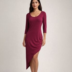 Burgundy Asymmetrical Ruched Midi Dress 3/4 Sleeve Drape Hem Wine Red Medium